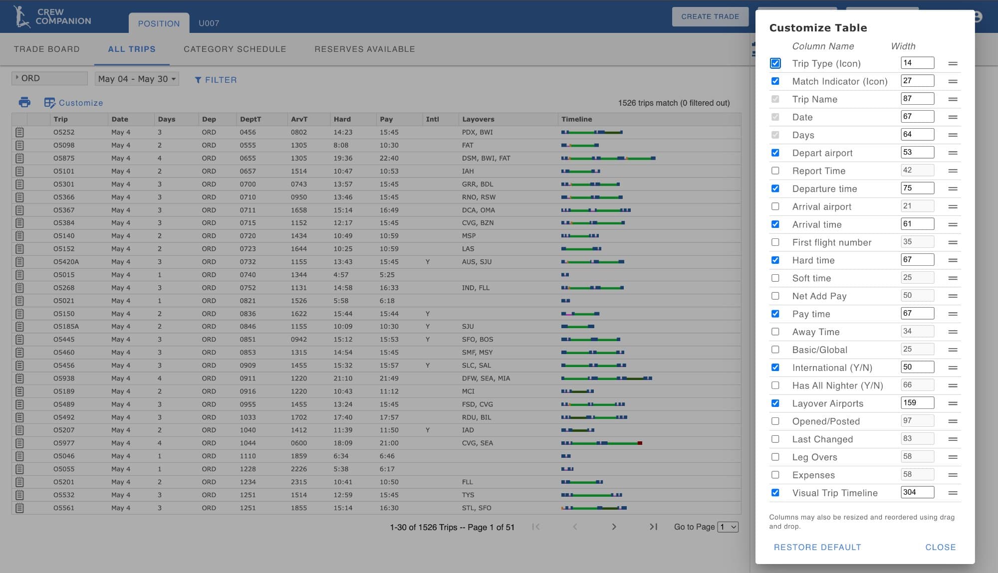 Legacy customize modal — static checkbox list with manual pixel-width inputs