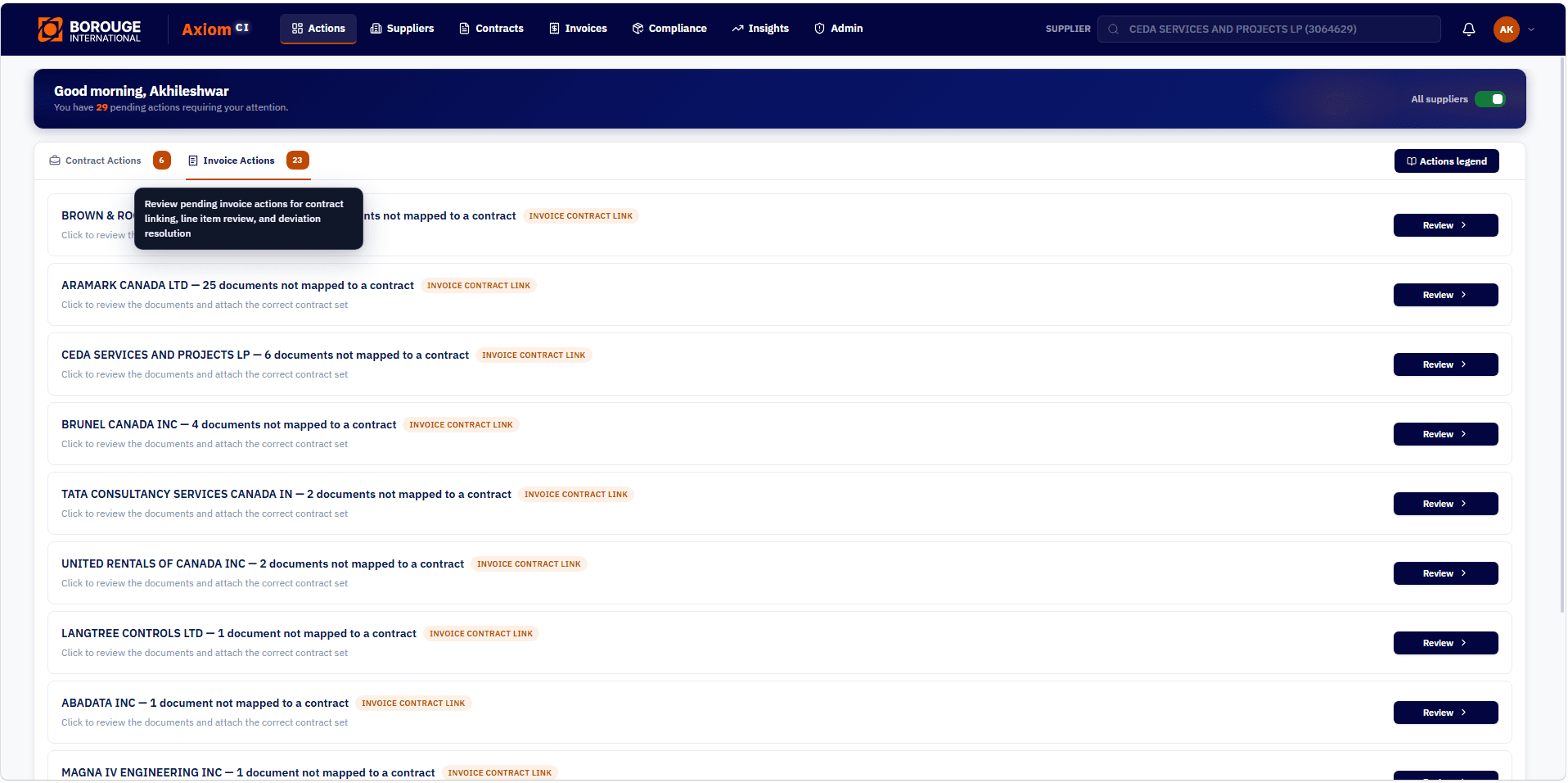 Axiom CI invoice actions queue showing pending operational work